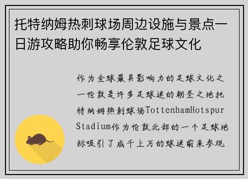 托特纳姆热刺球场周边设施与景点一日游攻略助你畅享伦敦足球文化